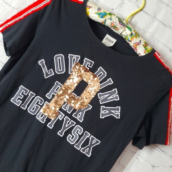 2018 Victoria's Secret PINK Sequin Rhinestone Black Red Tee Tshirt Size Small - Picture 10 of 14
